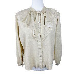 Vintage 1960s DC Collections Blouse Women 18 Gold Metallic Button Up Long Sleeve